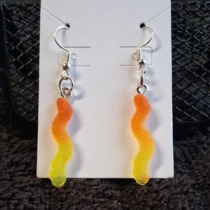 Handmade Orange-Yellow Wavy Gummy Worm Drop Earrings